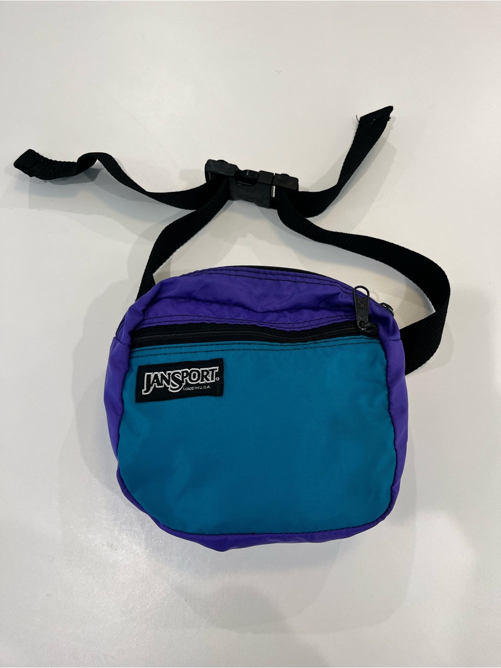 Jansport Vintage 90s Nylon Teal and Purple Zippered Waist Pack with Black Strap